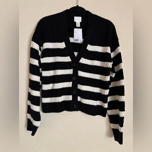H&M Black and White Striped Rib Knit Cardigan for women